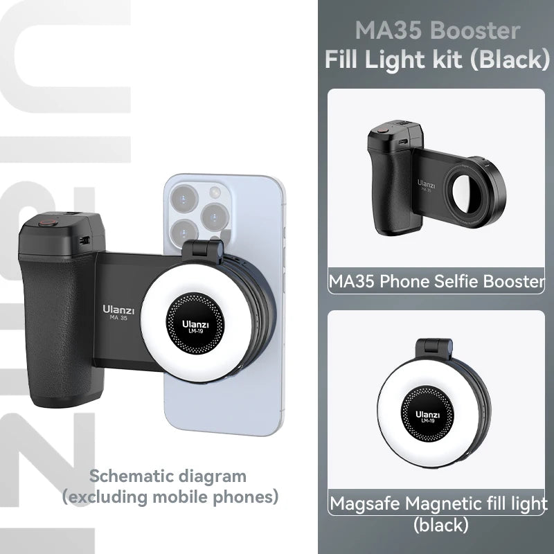 Ulanzi MA35 Selfie HandGrip Booster Bluetooth Shutter for iPhone 16 15 Android phone Photo Stabilizer Cold Shoe 1/4" Screw Mount
