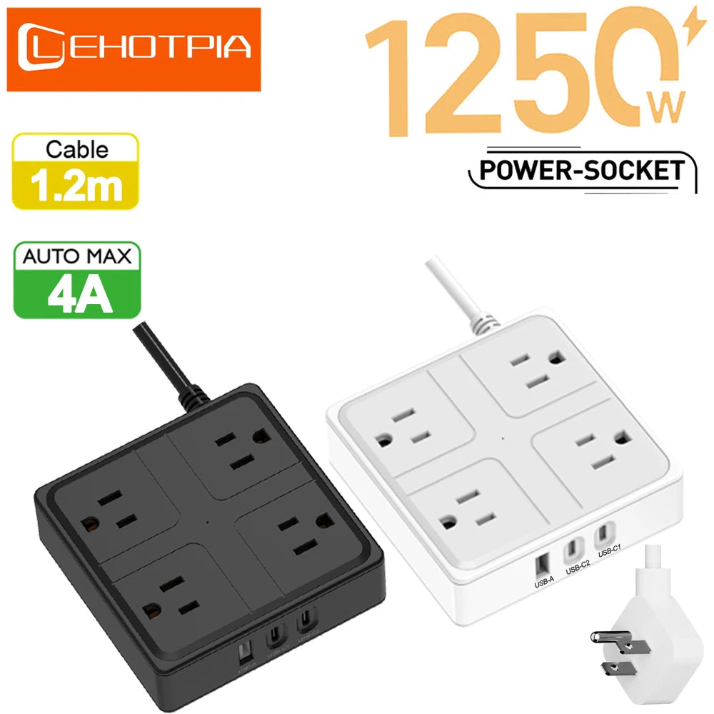 1-Smart US Power Strip with USB-C – 4 AC Outlets, 3 USB Ports, 1.2m Cord, 1250W