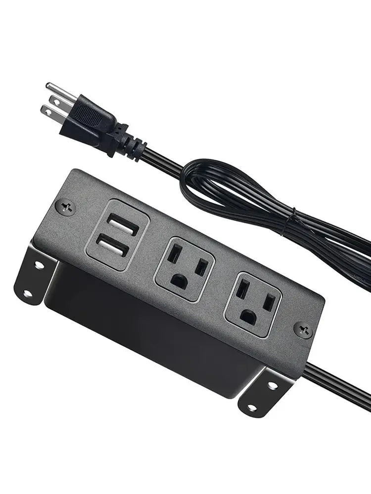 Black power strip with multiple outlets and a USB port on a white background