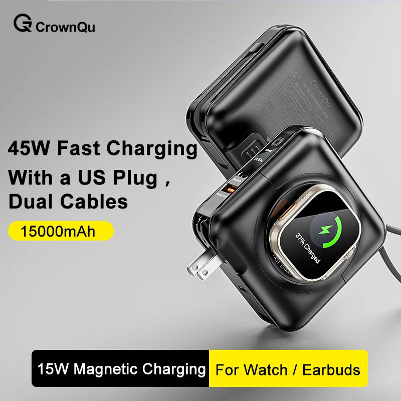Front view of the 15000mAh Magnetic Wireless Power Bank with 45W USB-C fast charging