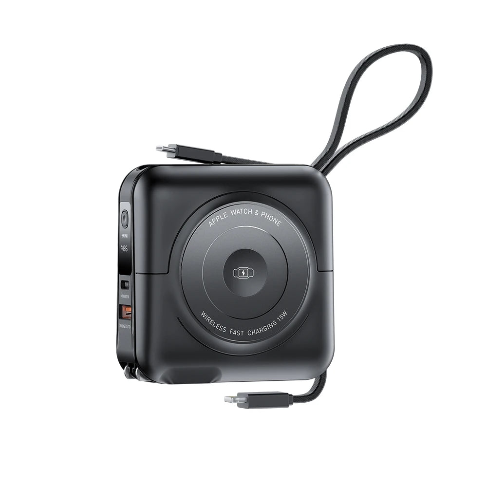 Black portable charging device with cable on a white background