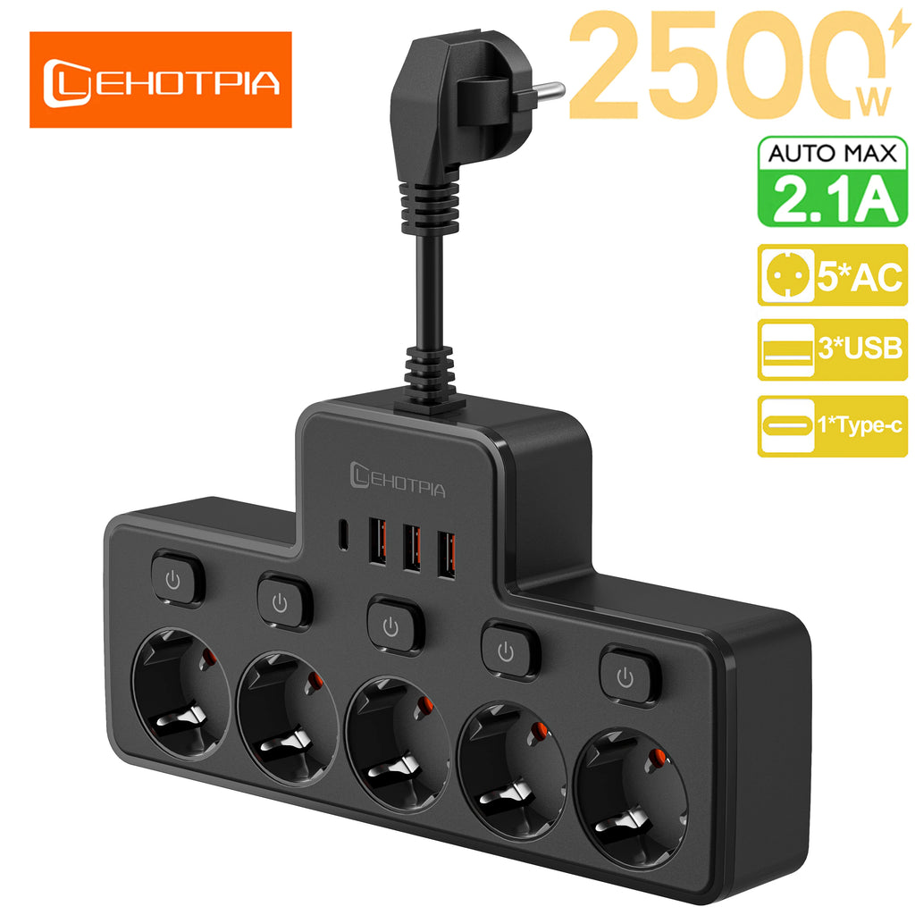 2500W EU wall-mounted power strip with independent switches and USB-C ports
