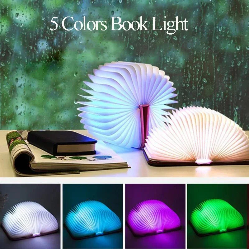 3D folding wooden book lamp open, casting warm ambient glow