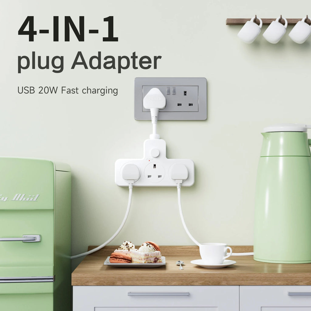 4-in-1 plug adapter with USB charging on a kitchen counter
