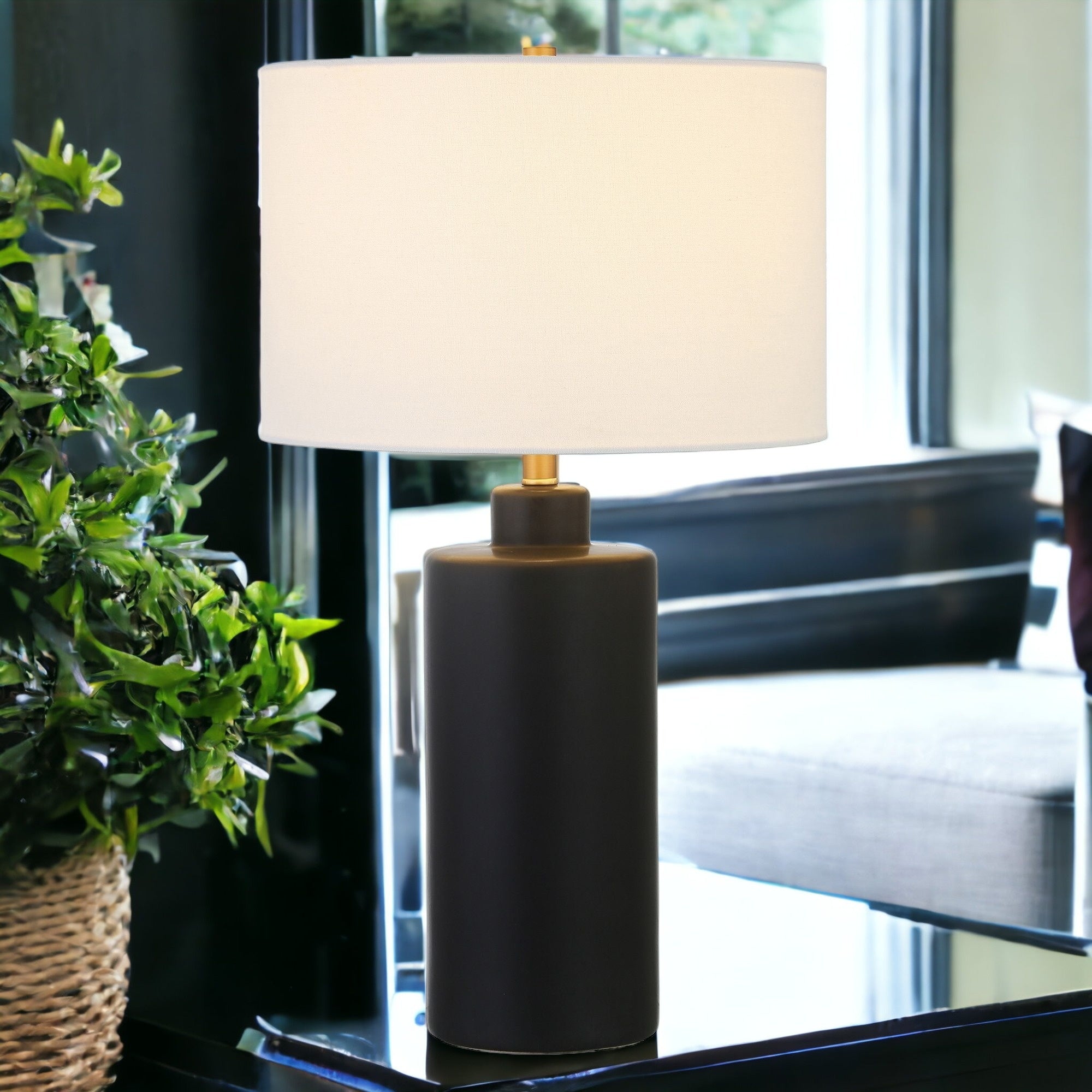 2-25" Black Ceramic Table Lamp With White Drum Shade
