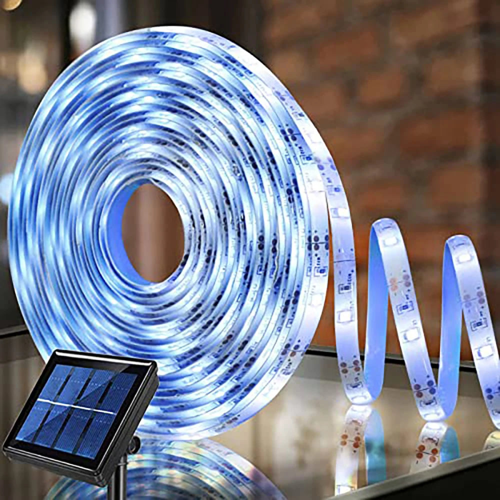 Solar LED strip light with solar panel outdoor setup