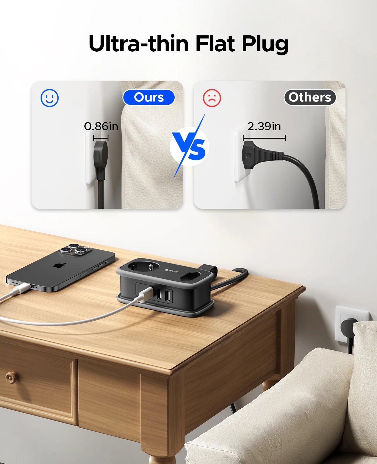 1-ORICO EU Plug Power Strip with 2AC 3USB Port with 1.1M Extension Cable 5-In-1Travel Smart Socket for Home/Travel Save Space