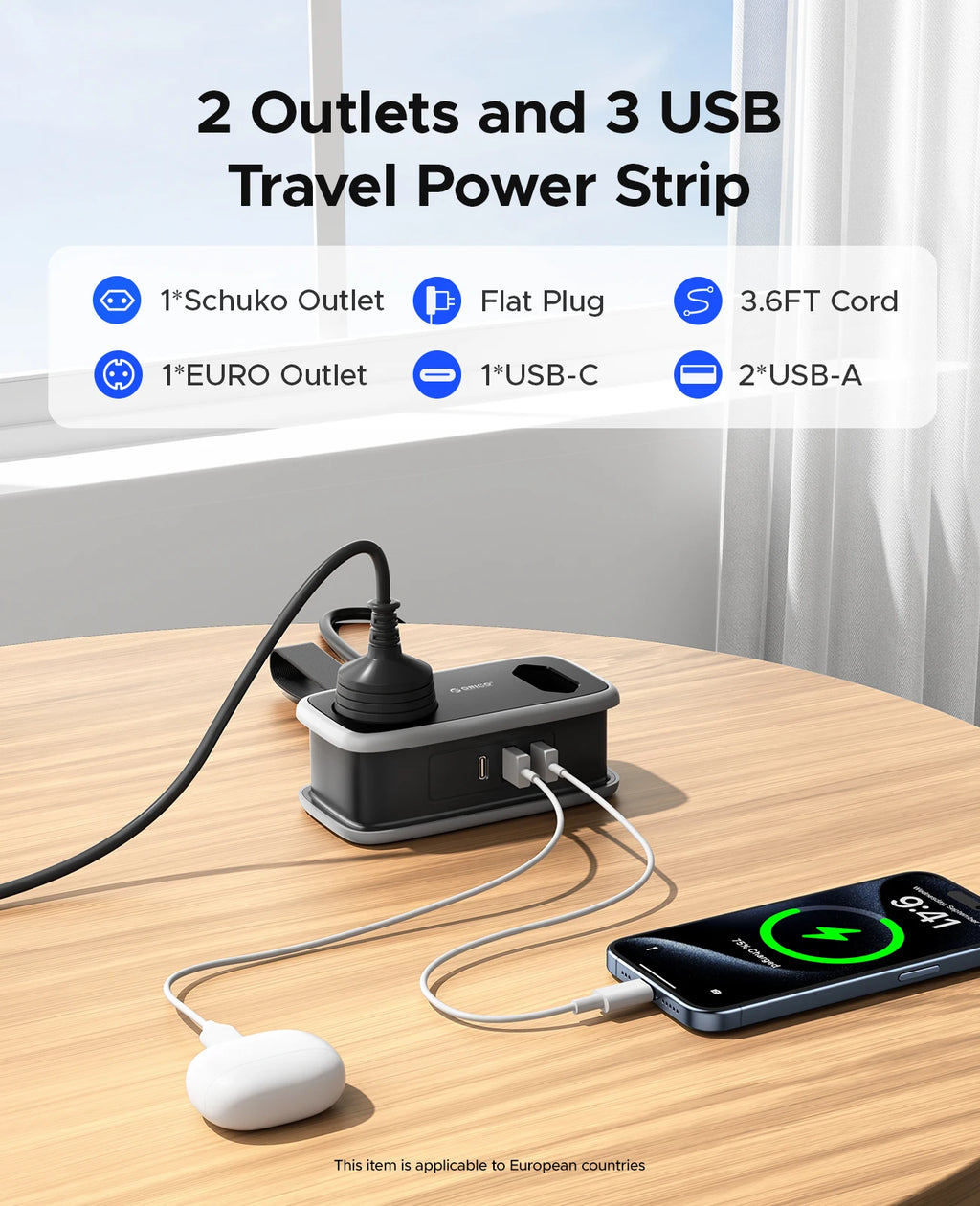 1-ORICO EU Plug Power Strip with 2AC 3USB Port with 1.1M Extension Cable 5-In-1Travel Smart Socket for Home/Travel Save Space