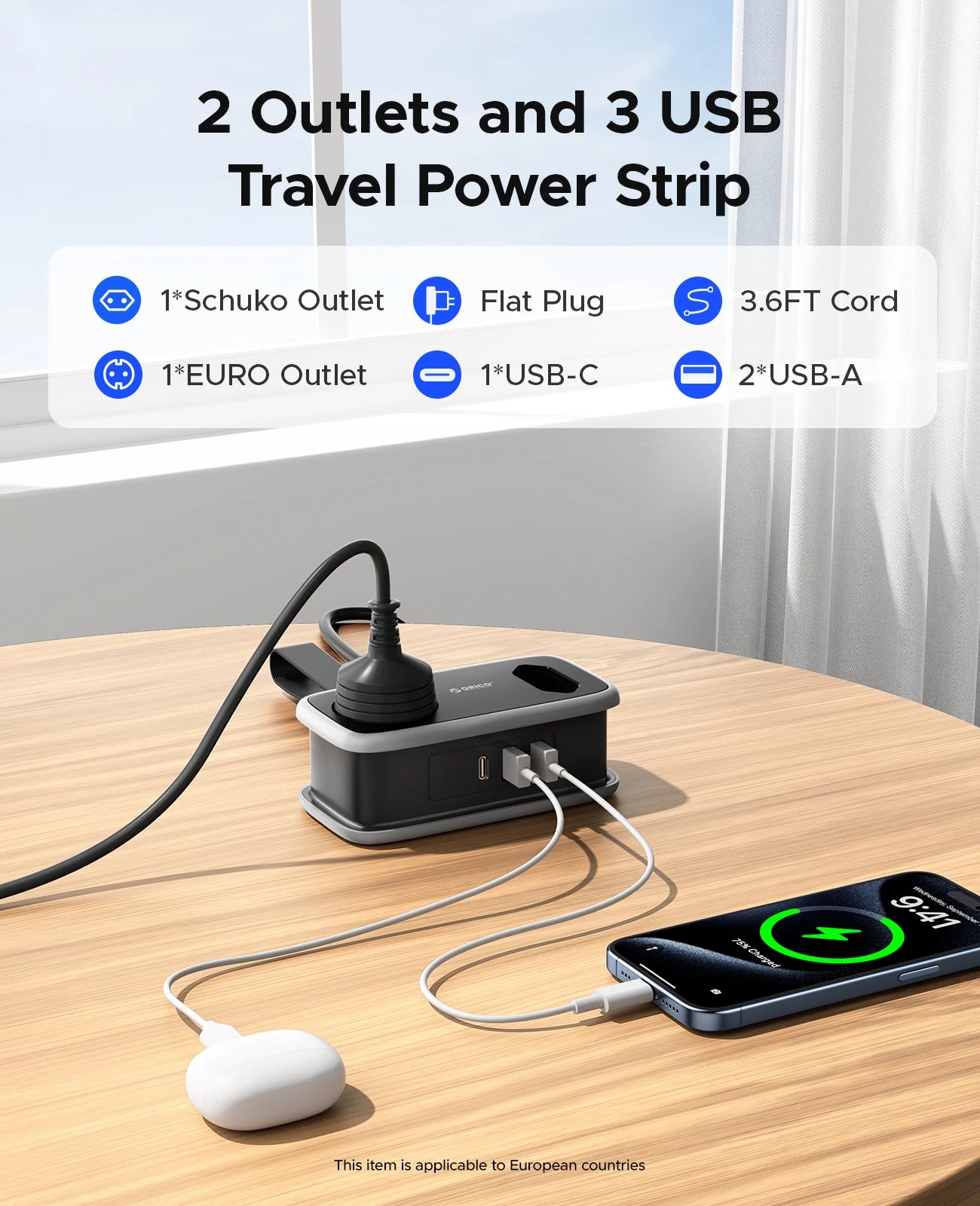 1-ORICO EU Plug Power Strip with 2AC 3USB Port with 1.1M Extension Cable 5-In-1Travel Smart Socket for Home/Travel Save Space