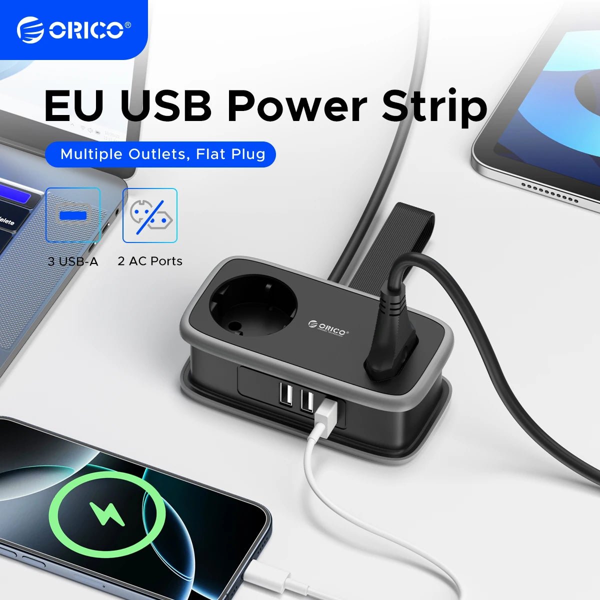 1-ORICO EU Plug Power Strip with 2AC 3USB Port with 1.1M Extension Cable 5-In-1Travel Smart Socket for Home/Travel Save Space