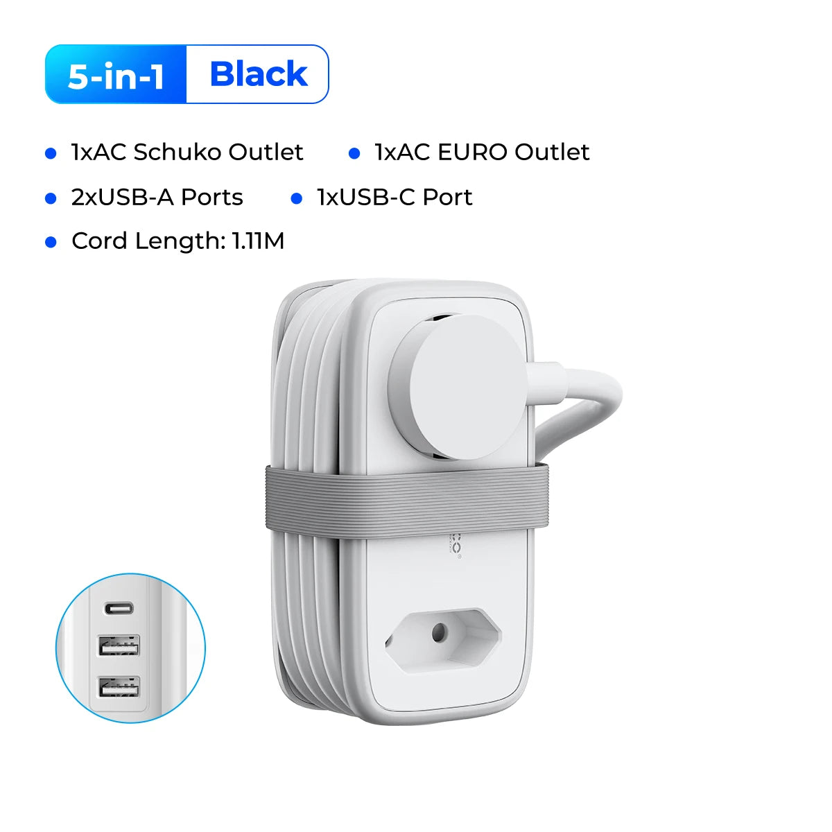1-ORICO EU Plug Power Strip with 2AC 3USB Port with 1.1M Extension Cable 5-In-1Travel Smart Socket for Home/Travel Save Space