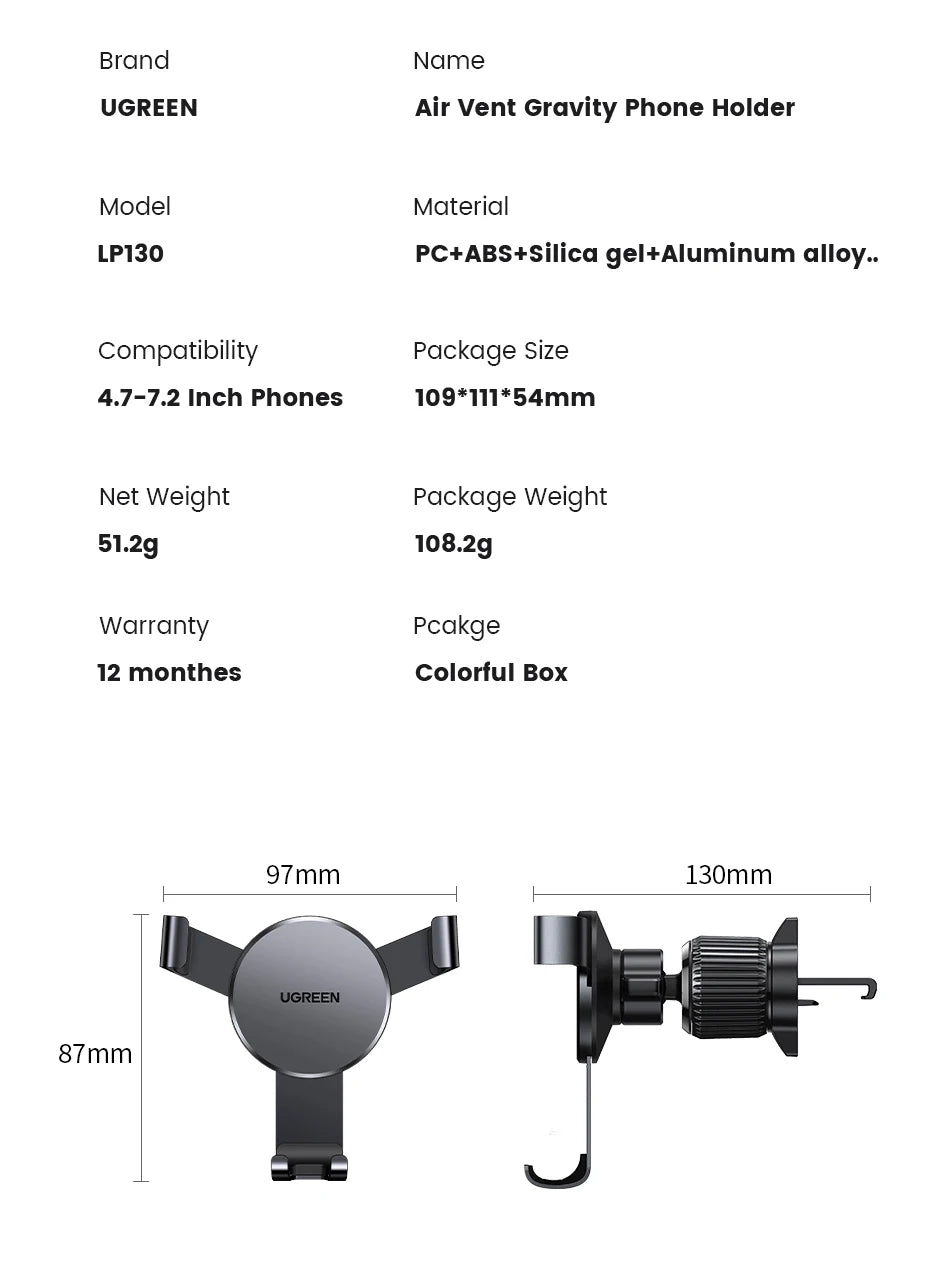 【New-in Sale】UGREEN Car Phone Holder Gravity Phone Stand For Xiaomi Samsung iPhone 15 14 13 Pro Max Air Vent Car  Holder Stand