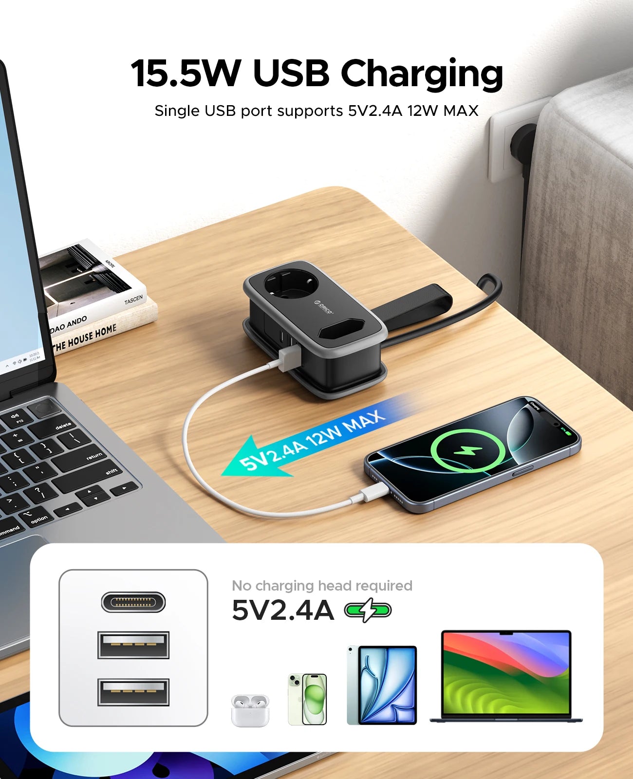 1-ORICO EU Plug Power Strip with 2AC 3USB Port with 1.1M Extension Cable 5-In-1Travel Smart Socket for Home/Travel Save Space