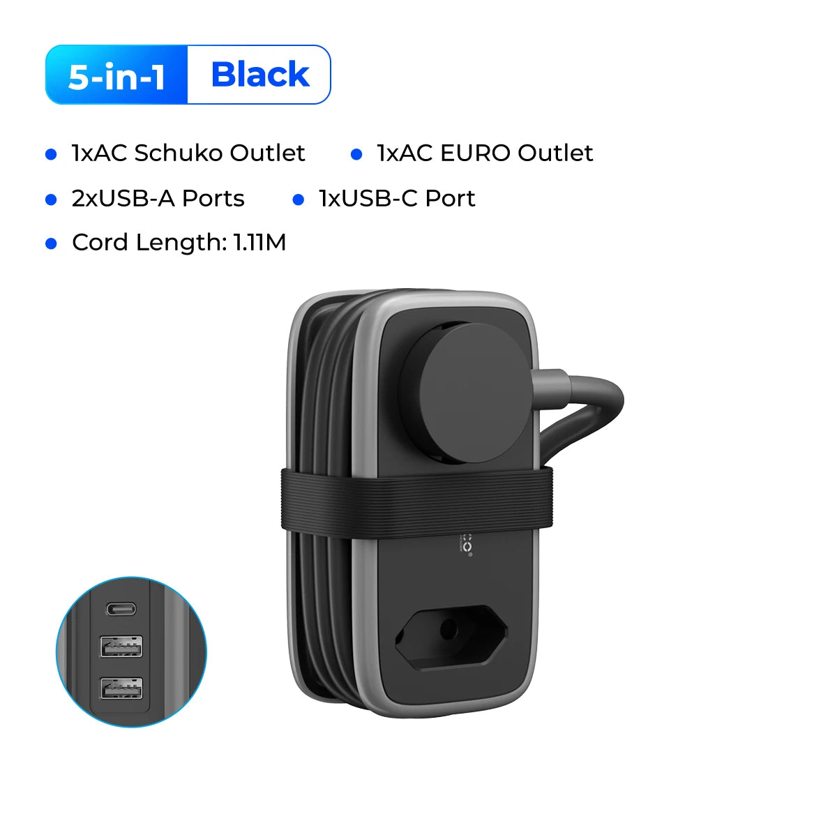 1-ORICO EU Plug Power Strip with 2AC 3USB Port with 1.1M Extension Cable 5-In-1Travel Smart Socket for Home/Travel Save Space