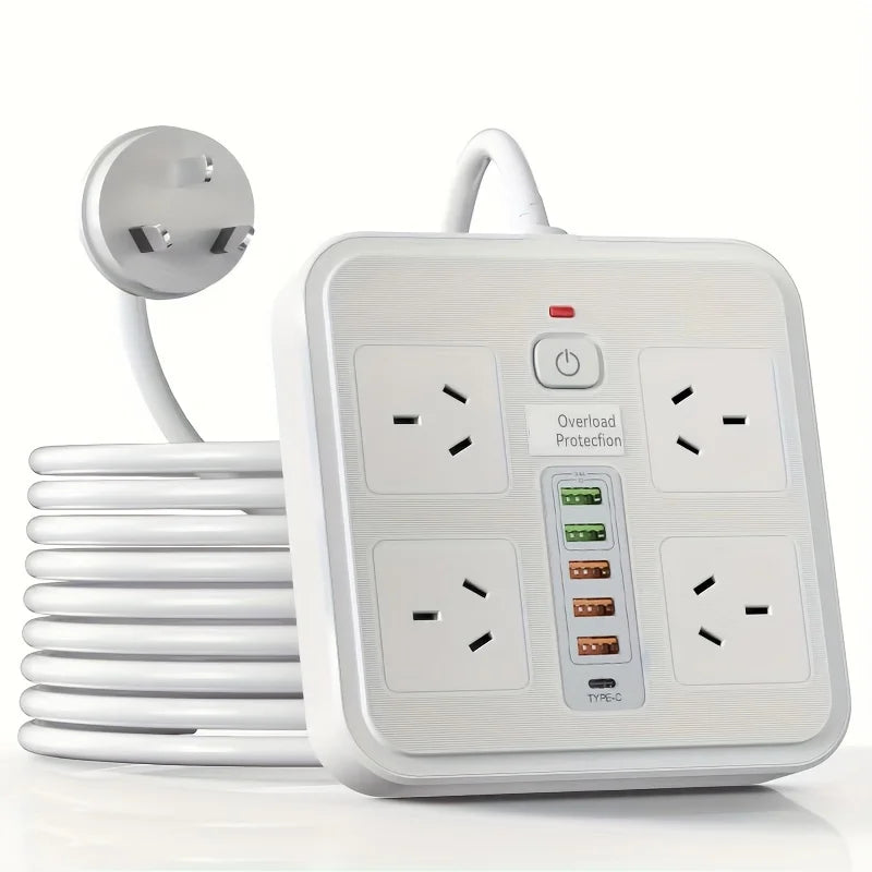 White power strip with multiple outlets and USB ports on a white background