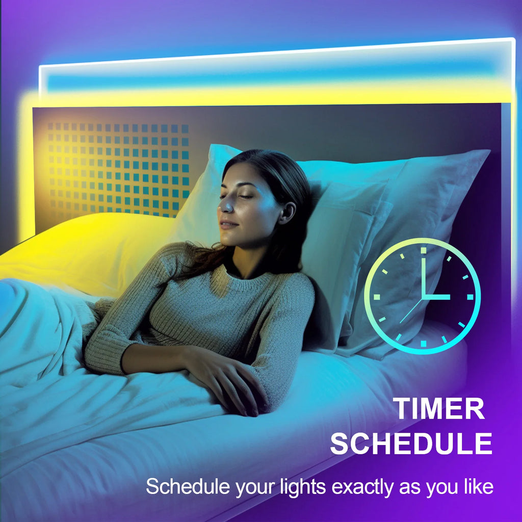 A woman is lying in bed with colorful LED lights and a timer schedule feature displayed.