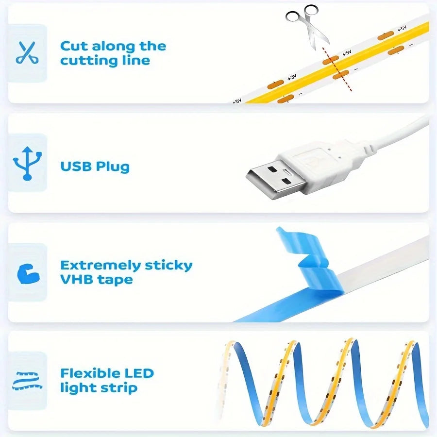 LED COB Strip with Touch Dimmer (5 V USB, Flexible)