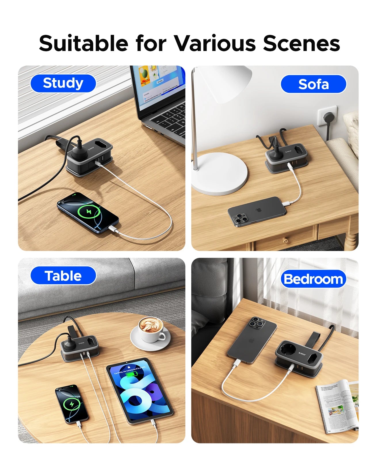 1-ORICO EU Plug Power Strip with 2AC 3USB Port with 1.1M Extension Cable 5-In-1Travel Smart Socket for Home/Travel Save Space