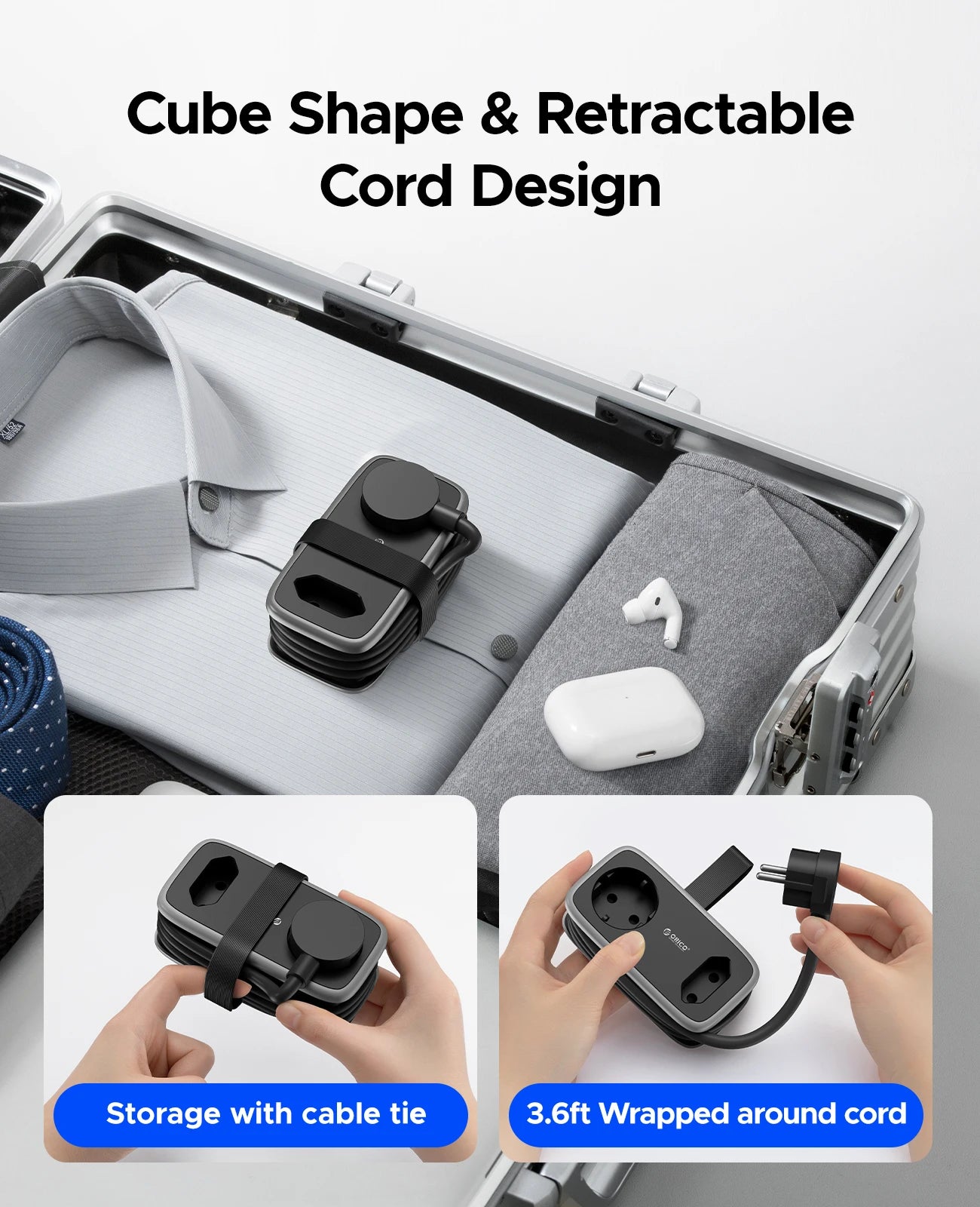 1-ORICO EU Plug Power Strip with 2AC 3USB Port with 1.1M Extension Cable 5-In-1Travel Smart Socket for Home/Travel Save Space