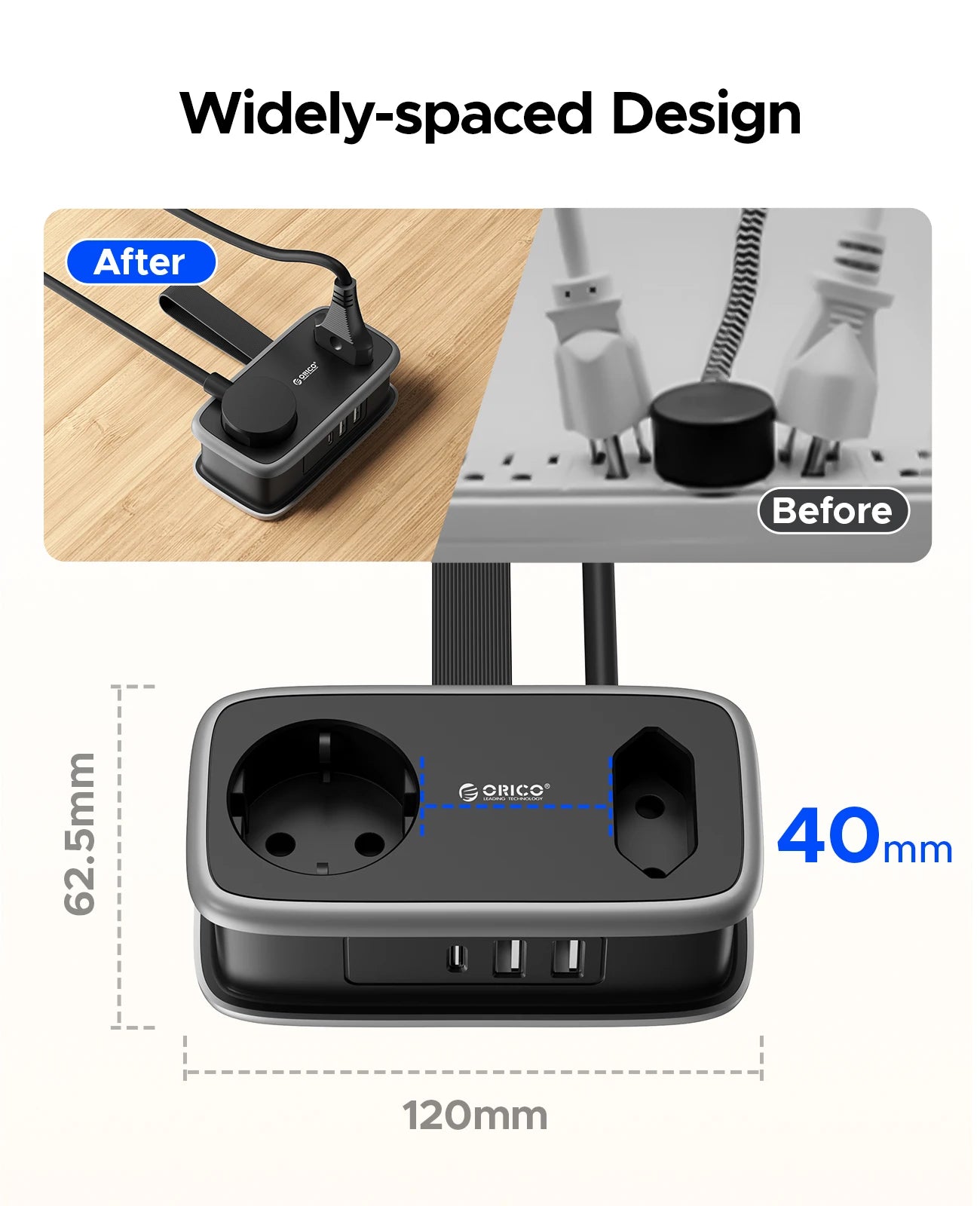 1-ORICO EU Plug Power Strip with 2AC 3USB Port with 1.1M Extension Cable 5-In-1Travel Smart Socket for Home/Travel Save Space
