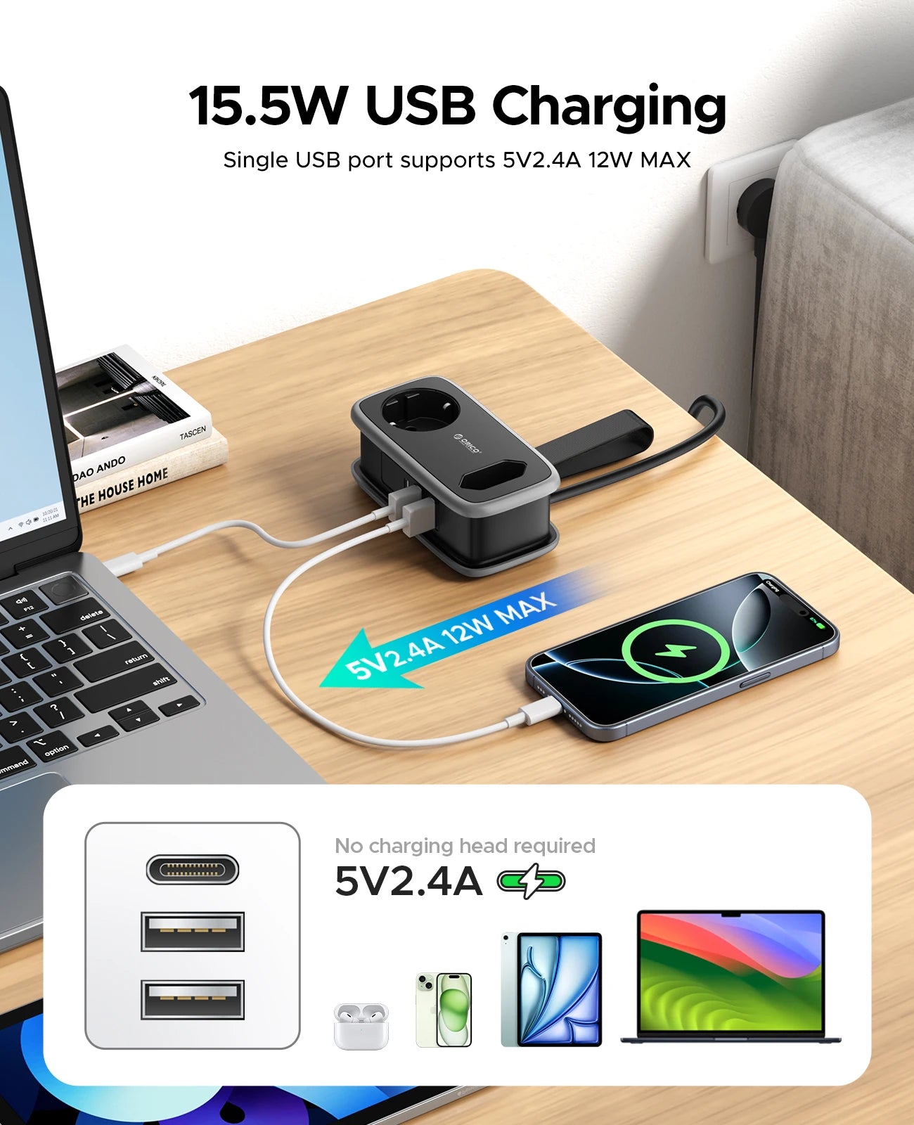 1-ORICO EU Plug Power Strip with 2AC 3USB Port with 1.1M Extension Cable 5-In-1Travel Smart Socket for Home/Travel Save Space