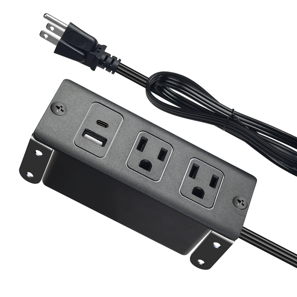 Black power strip with multiple outlets and a plug on a white background