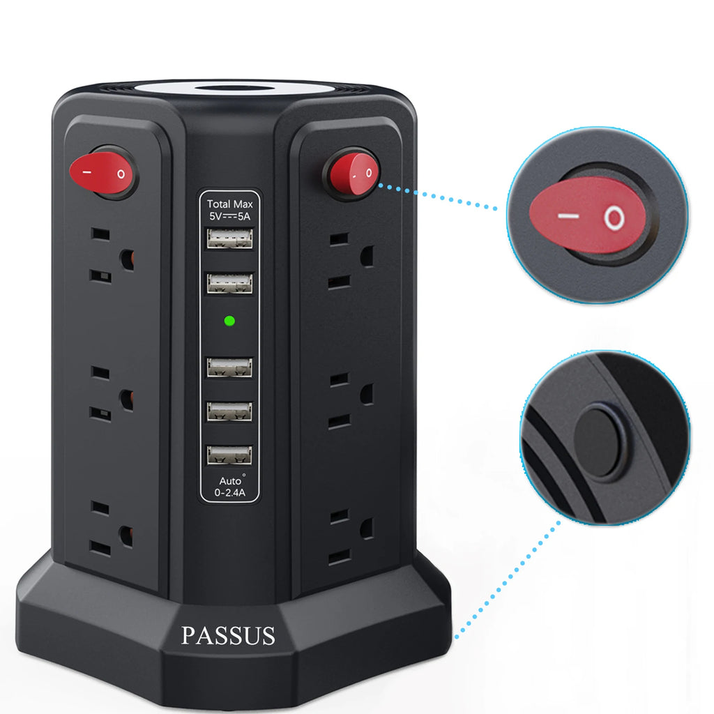 Black power strip with multiple outlets and USB ports, featuring the brand 'PASSUS'. PASSUS tower power strip with USB-C PD 18W fast charging and 12 outlets