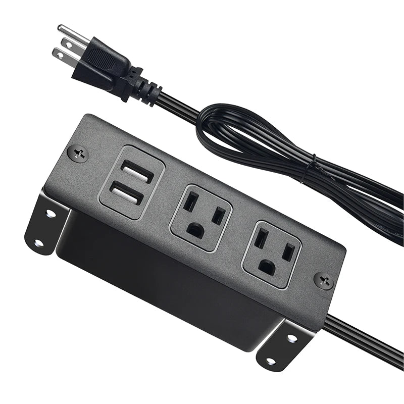 Black power strip with multiple outlets and a USB port on a white background