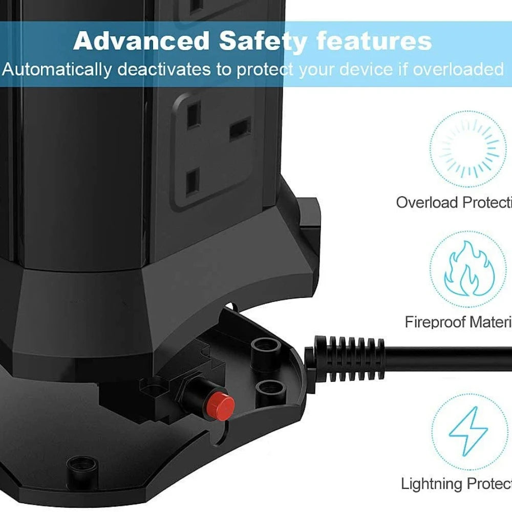 Black power strip with safety features highlighted on a white background