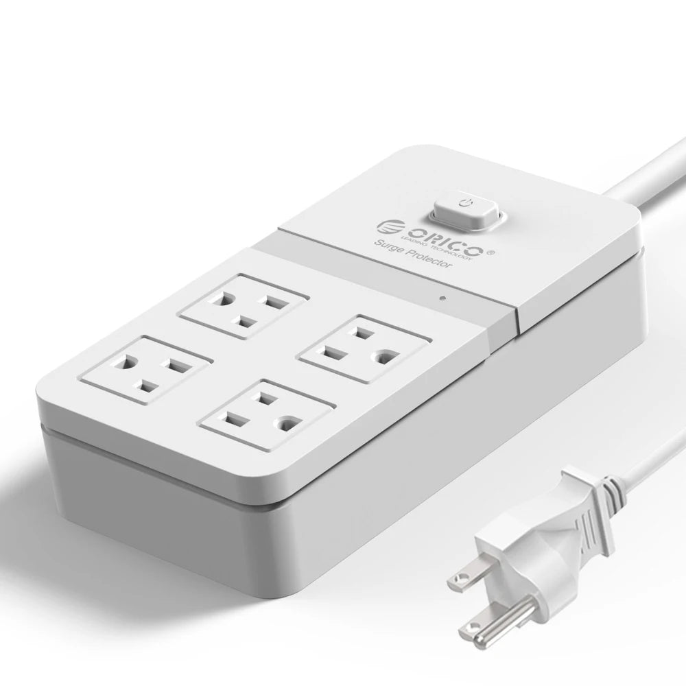 White power strip with multiple outlets and a plug on a white background