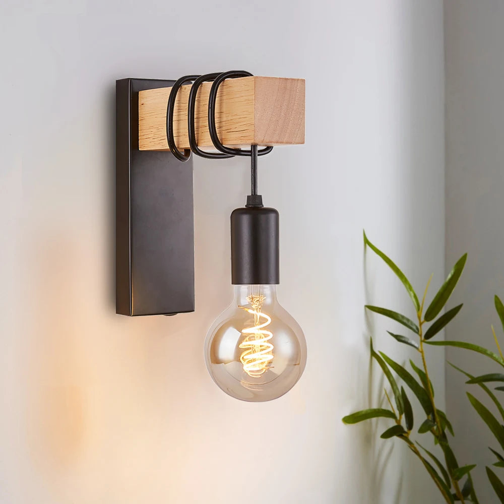 Close-up of wooden E27 socket on retro wall lamp