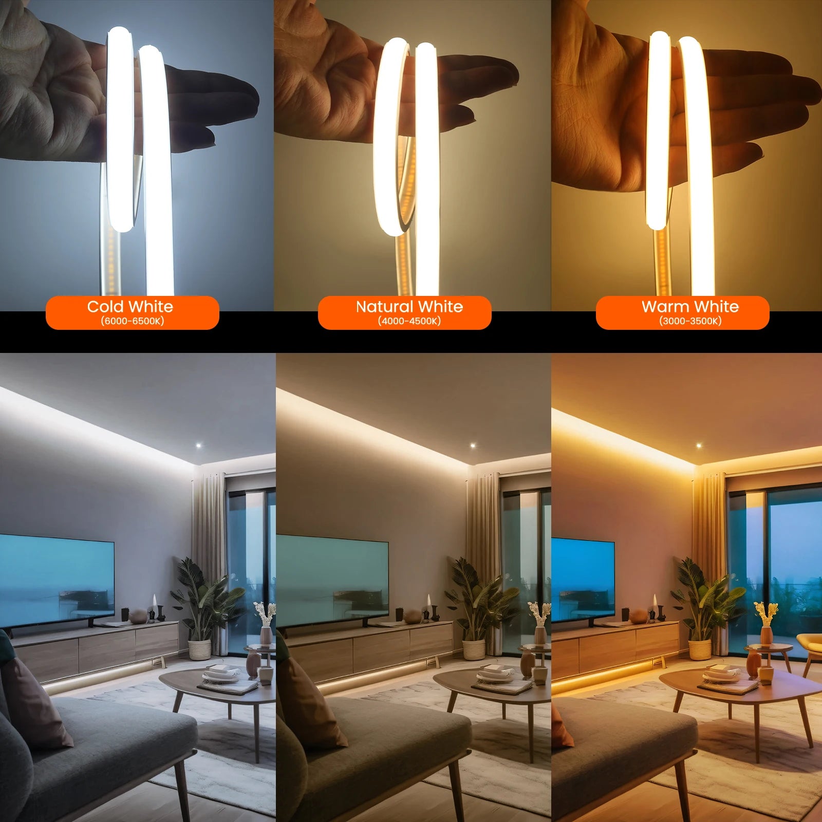 Comparison of light bulbs emitting cold, natural, and warm white light in a living room setting.