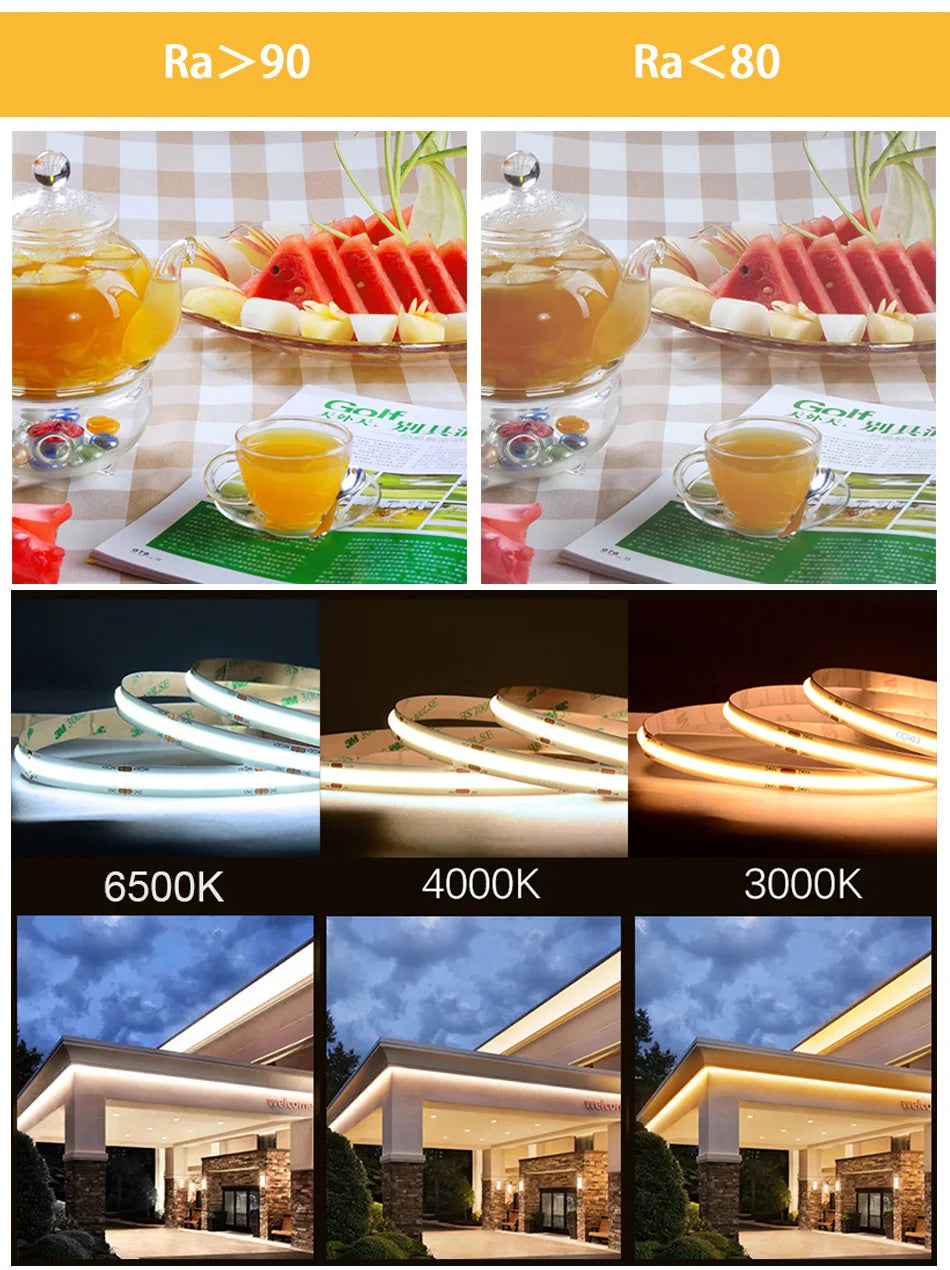 Comparison of light color temperature on different surfaces and objects.