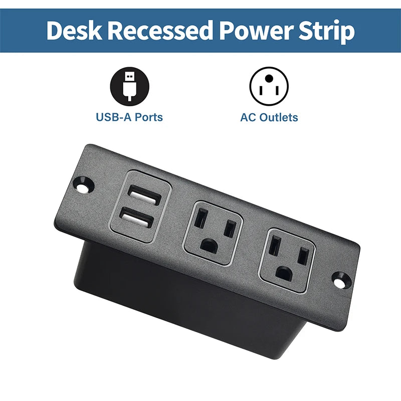 Desk recessed power strip with USB-A ports and AC outlets on a white background