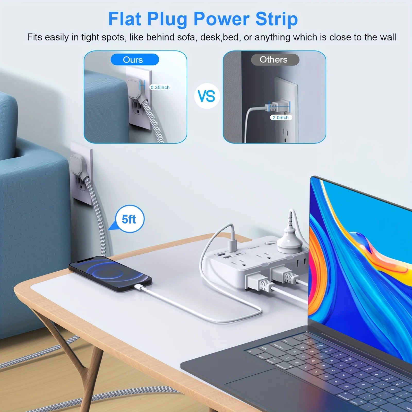 Flat plug power strip on a desk with a laptop and phone, showing its ease of use in tight spaces.