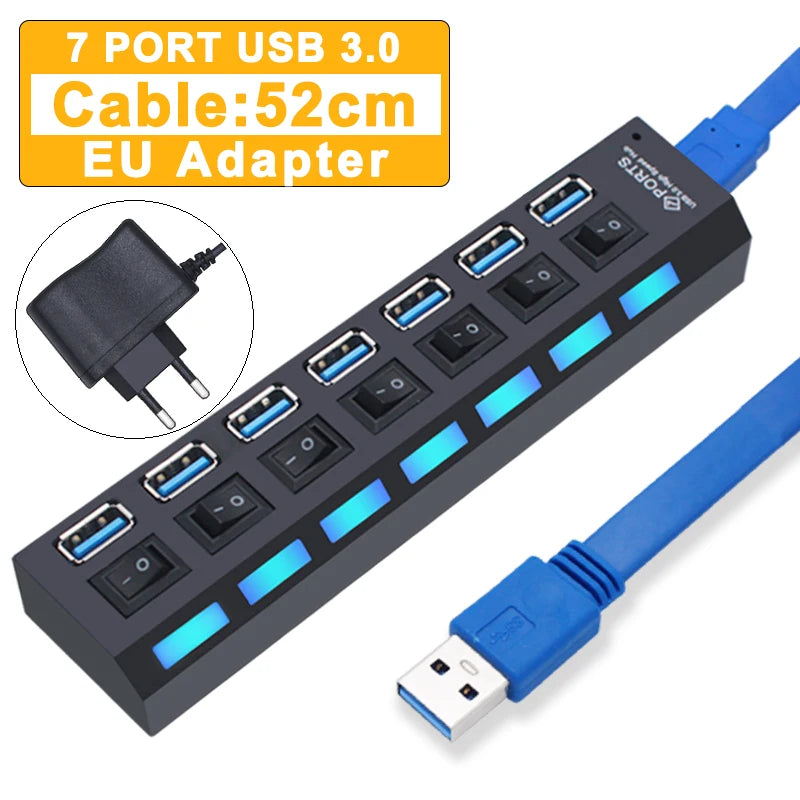 4-USB Hub 3.0 Hub USB 3 USB 2.0 Multi USB Splitter Power Adapter 4/7 Port Multiple Expander 2.0 with Switch for PC Accessories
