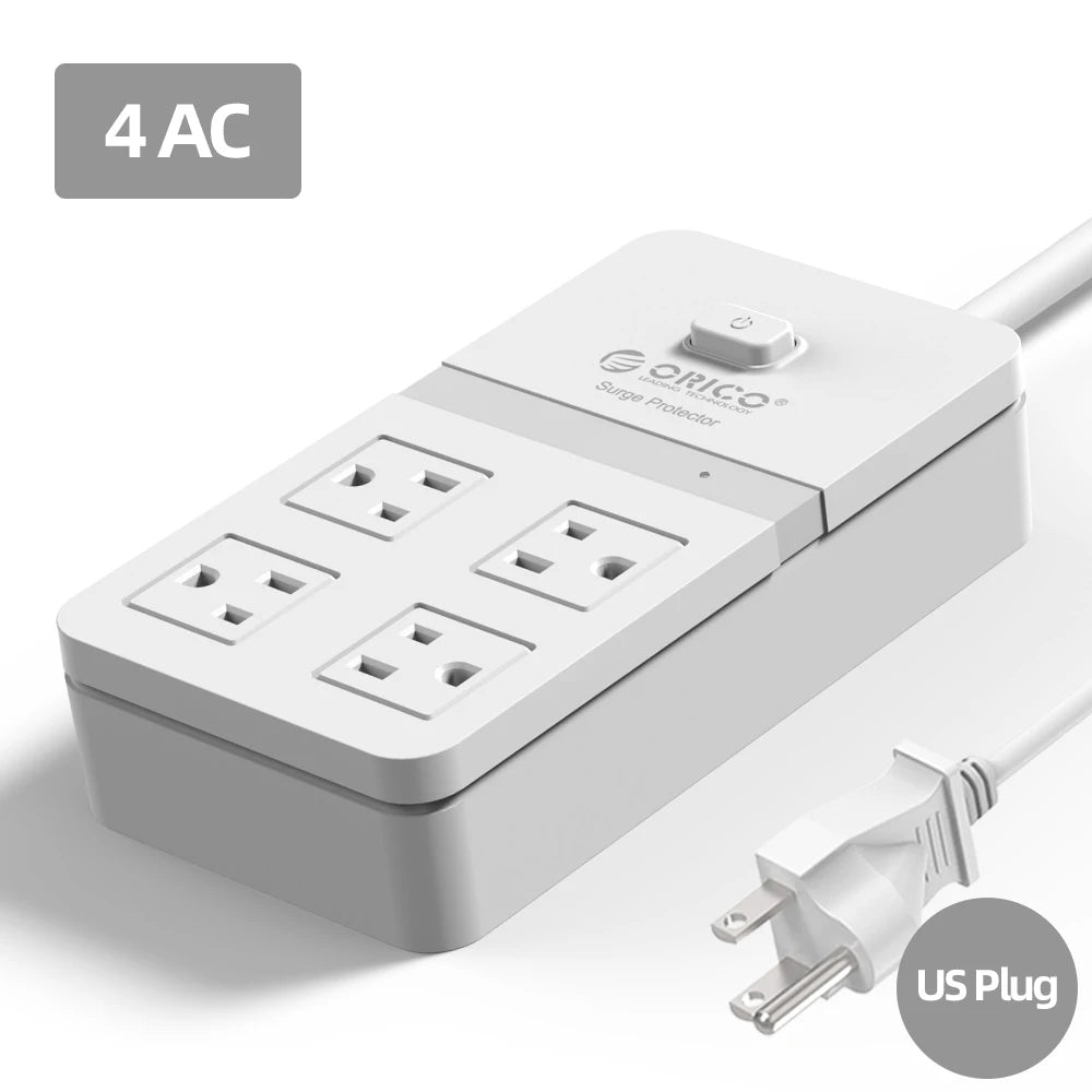 White power strip with four AC outlets and a US plug on a white background