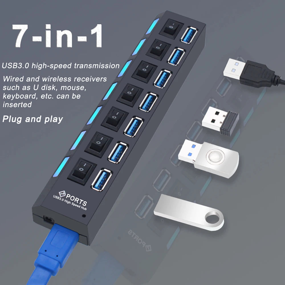 4-USB Hub 3.0 Hub USB 3 USB 2.0 Multi USB Splitter Power Adapter 4/7 Port Multiple Expander 2.0 with Switch for PC Accessories