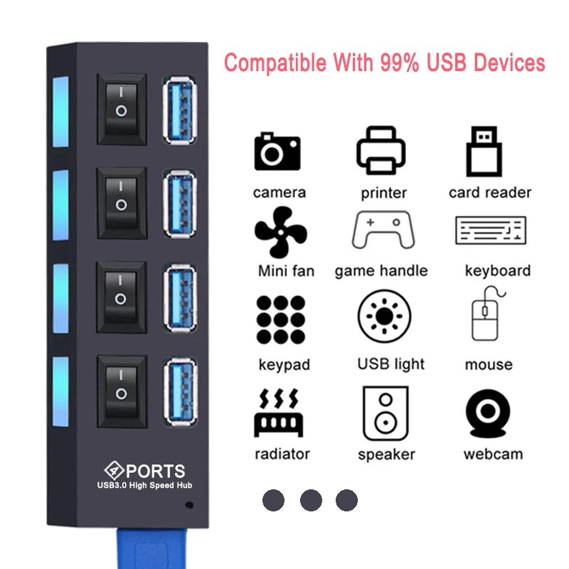 4-USB Hub 3.0 Hub USB 3 USB 2.0 Multi USB Splitter Power Adapter 4/7 Port Multiple Expander 2.0 with Switch for PC Accessories
