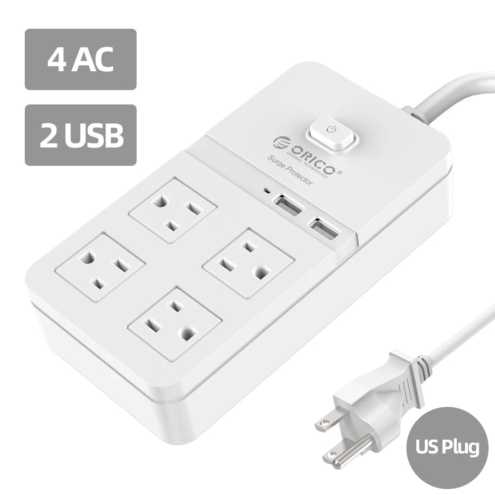 White power strip with four AC outlets and two USB ports, featuring the Orico brand.