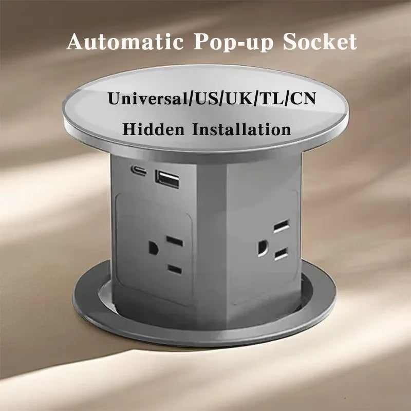 Intelligent hydraulic lifting socket with universal outlets, USB ports, and wireless
charging pad, extended