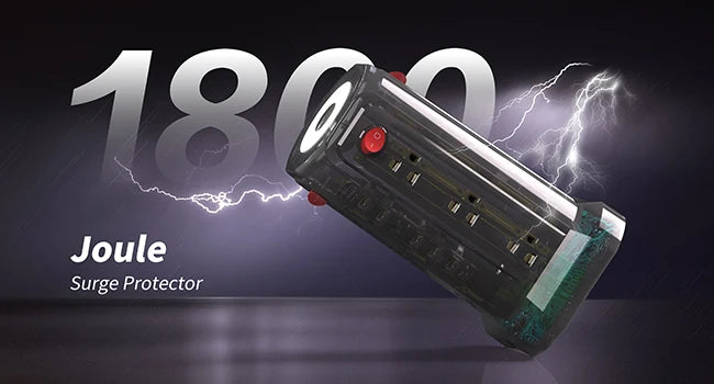 Joule surge protector with lightning effects on a dark background- PASSUS tower power strip with USB-C PD 18W fast charging and 12 outlets