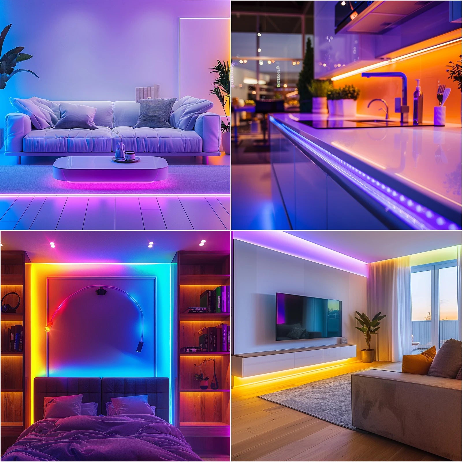 Collage of a modern living room, kitchen, bedroom, and living room with colorful LED lighting.
