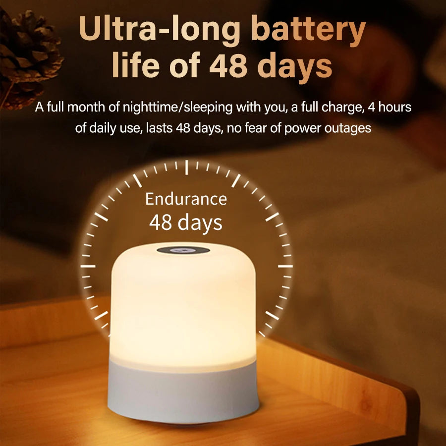 Lighting device with text about ultra-long battery life on a wooden surface