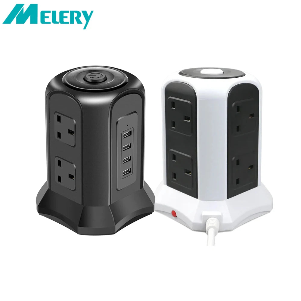 Two power strips, one black and one white with USB ports, on a white background. Melery brand visible.