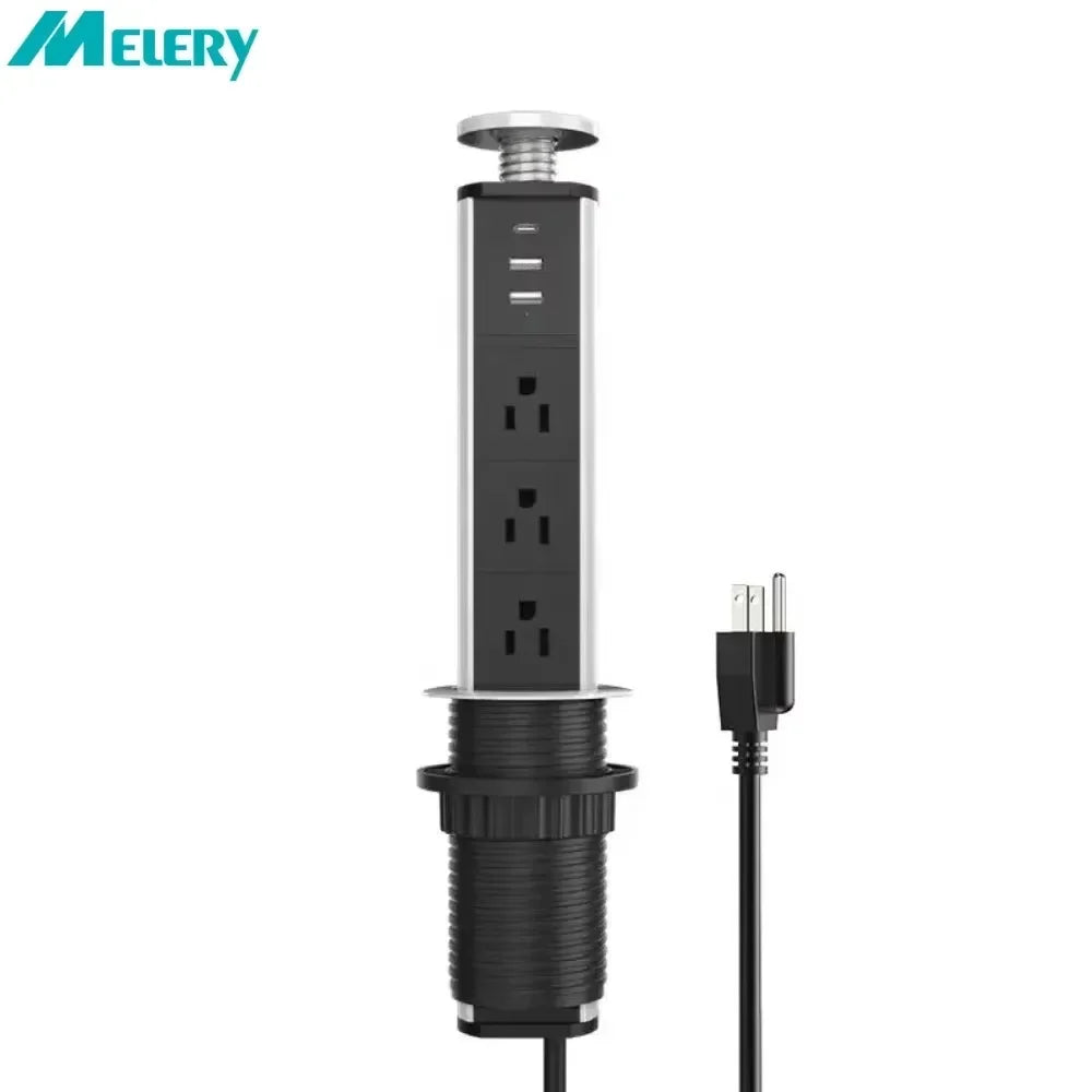 Black power extension cord with multiple outlets on a white background, featuring the Melery brand.