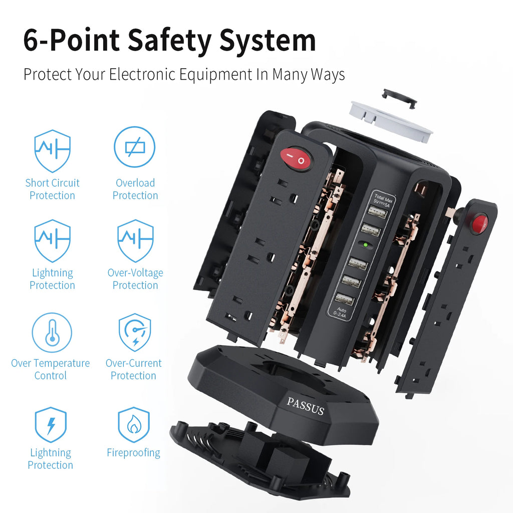 PASSUS power strip with safety features - PASSUS tower power strip with USB-C PD 18W fast charging and  12 outlets