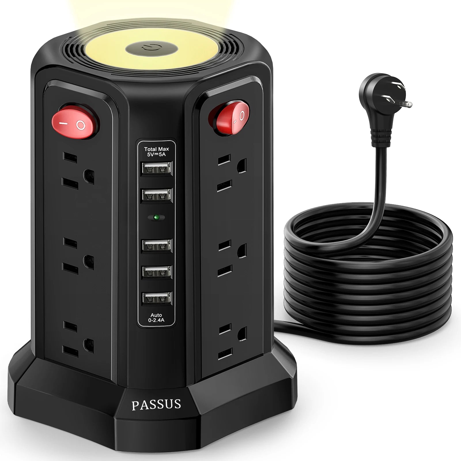 PASSUS tower power strip with night light, 12outlets, and 10 ft extension cord