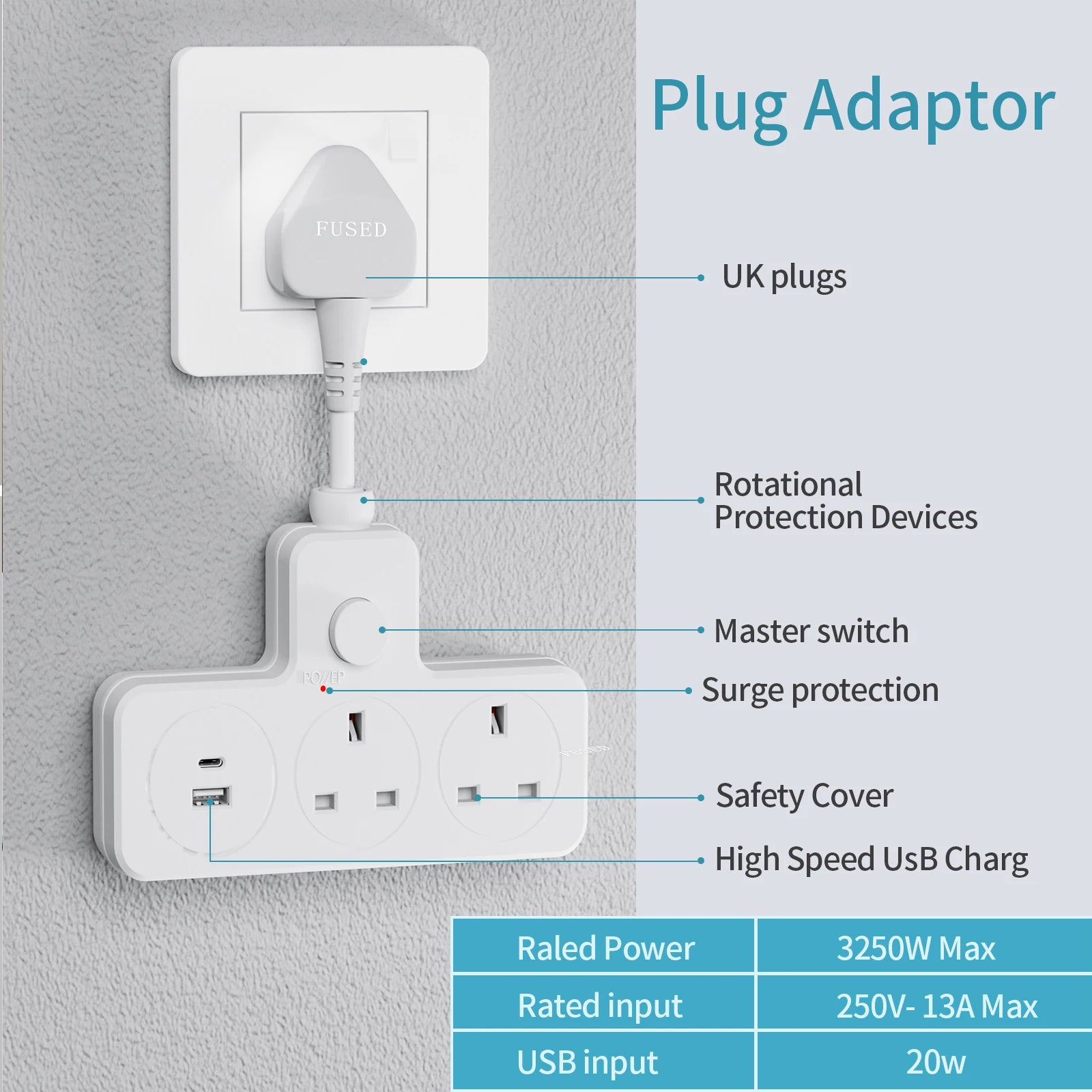 Plug adaptor with labeled parts and specifications on a gray background