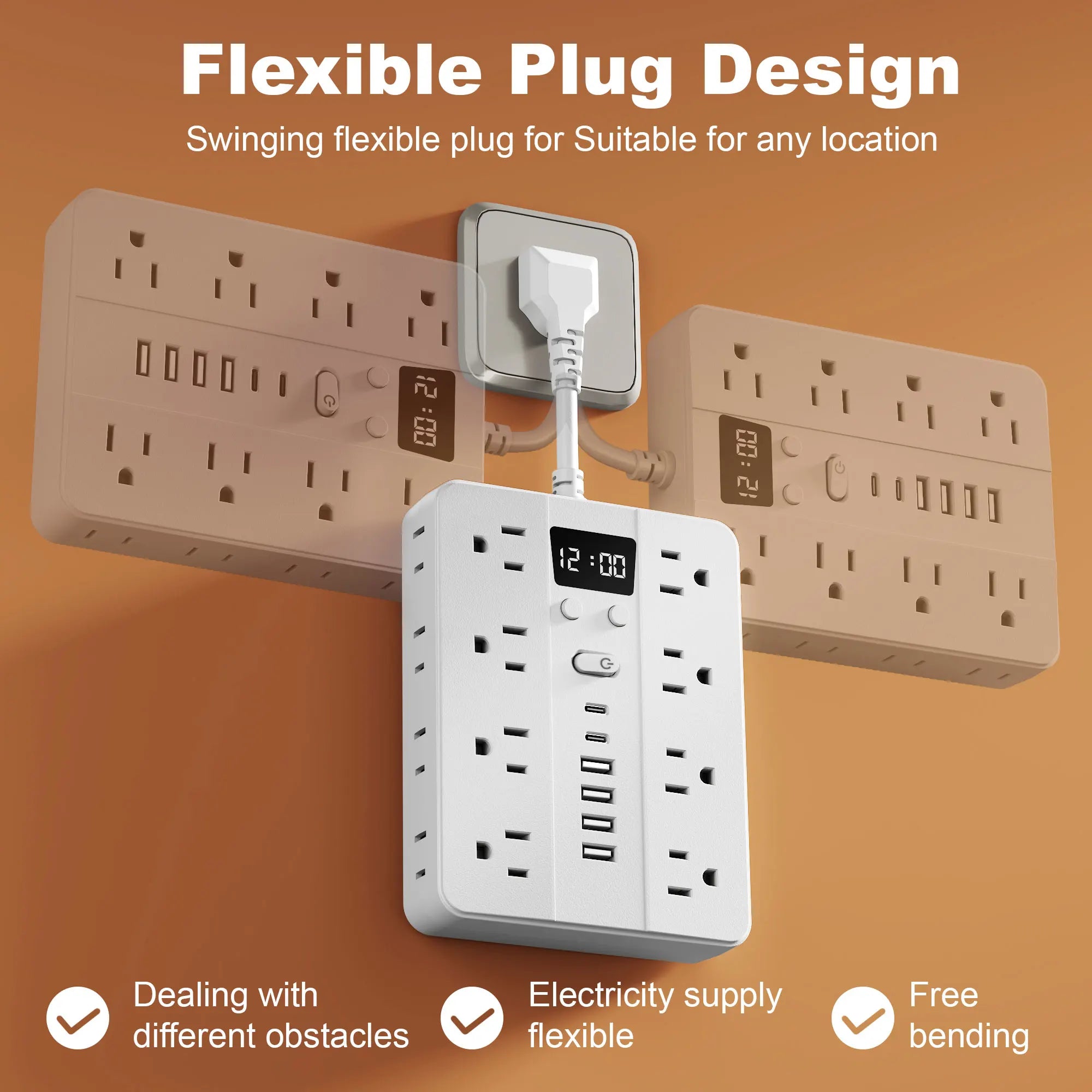 Wall-mounted clock with a digital display on a nightstand, displaying the time and additional features.Power strip with flexible plug design
